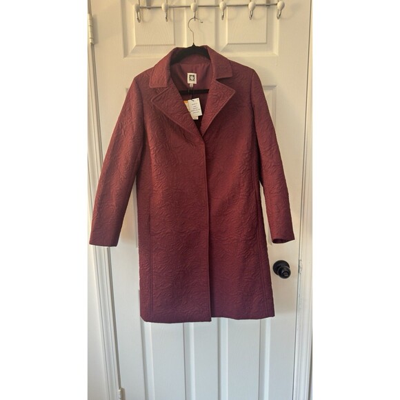 Anne Klein Textured Button Coat Woman's Small Deep Berry Classic Modern Trench - Picture 4 of 9